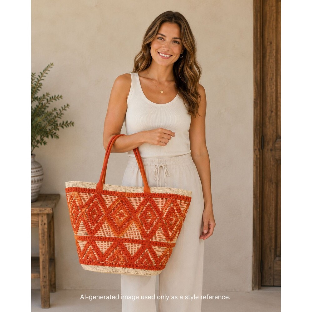 Shade & Shore Embroidered Geometric Tote, Orange/Beige, Zip, Lined Pockets